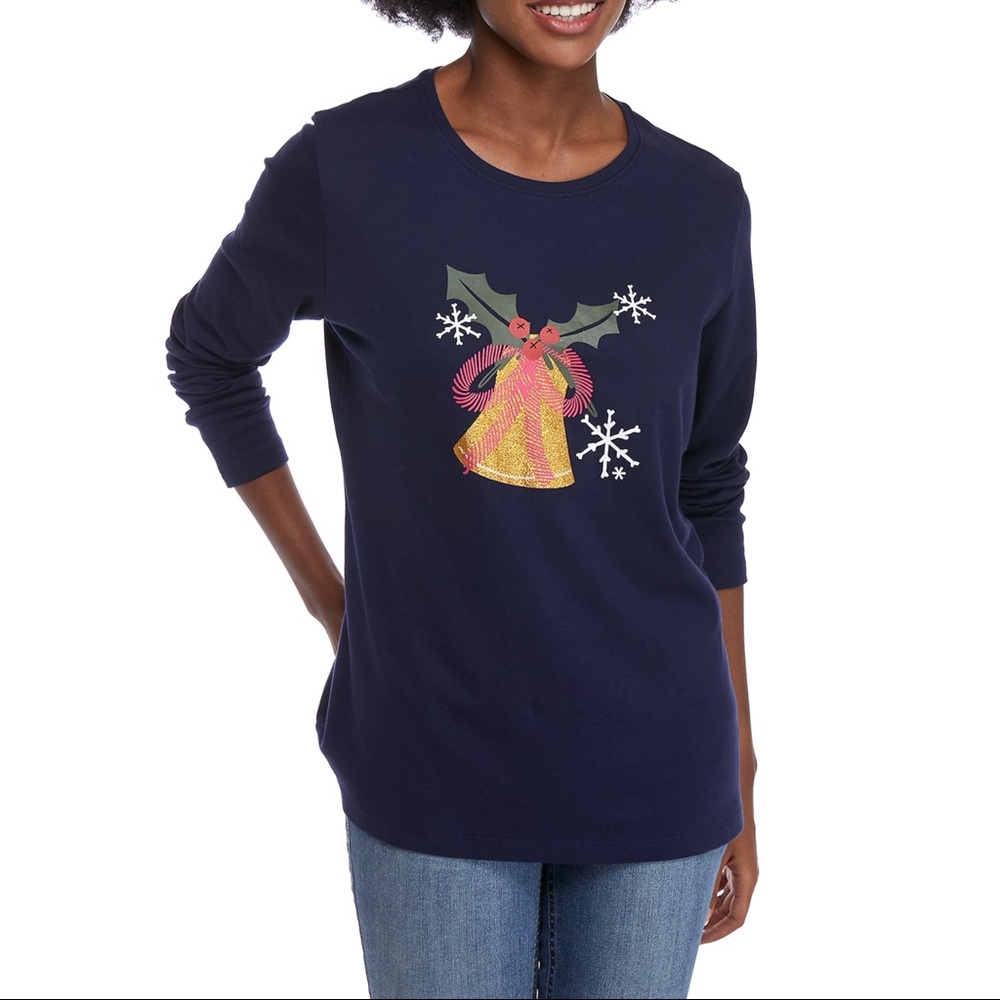 NEW Kim Rogers Christmas Holiday Navy Bell Long Sleeve Graphic Shirt Small S - Picture 3 of 6